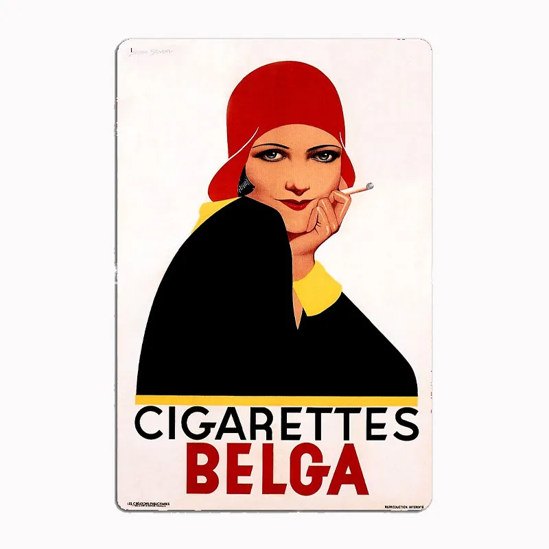 Cigarettes Belga, Flapper, Vintage Metal Sign Poster Garage Indoor Room Decor Club Tin Home Wall Decor
