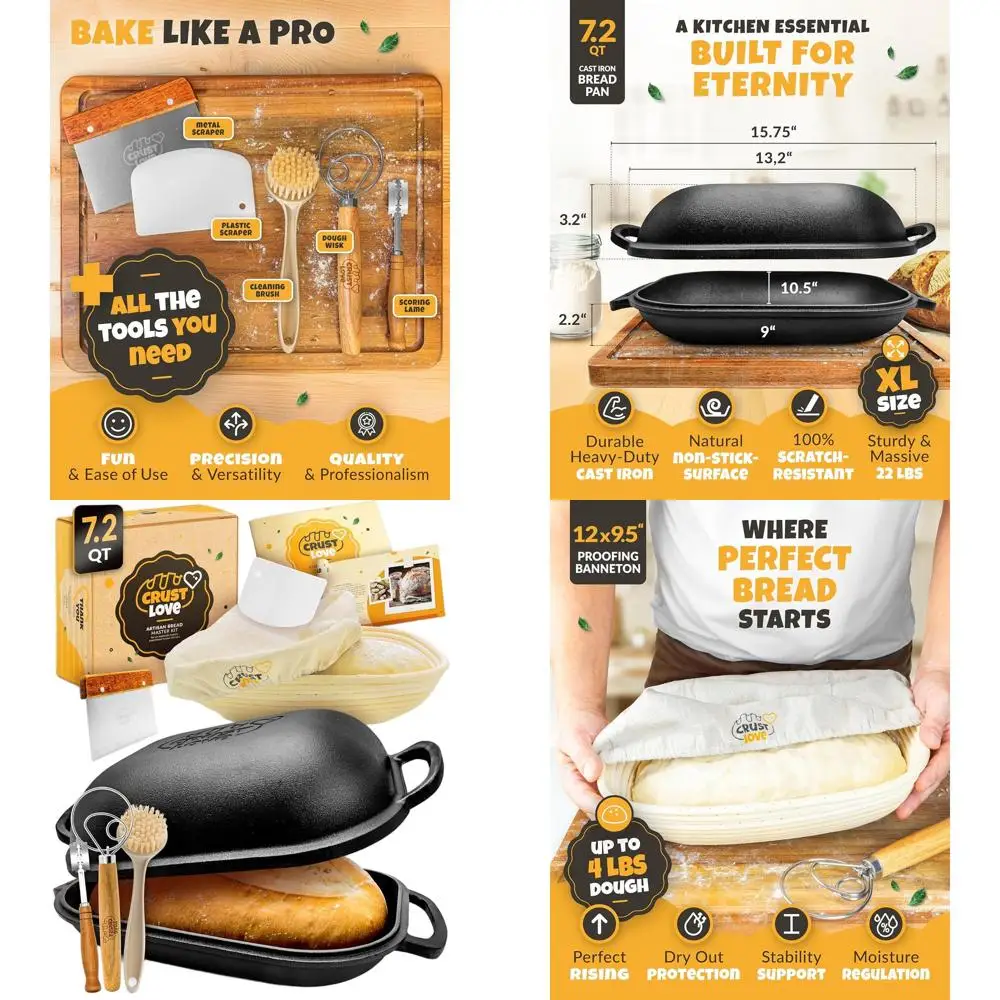 

Lidded Cast Iron Bread Pan - Sourdough Starter Kit with Banneton, Dutch Oven, and Bread Scoring Lame