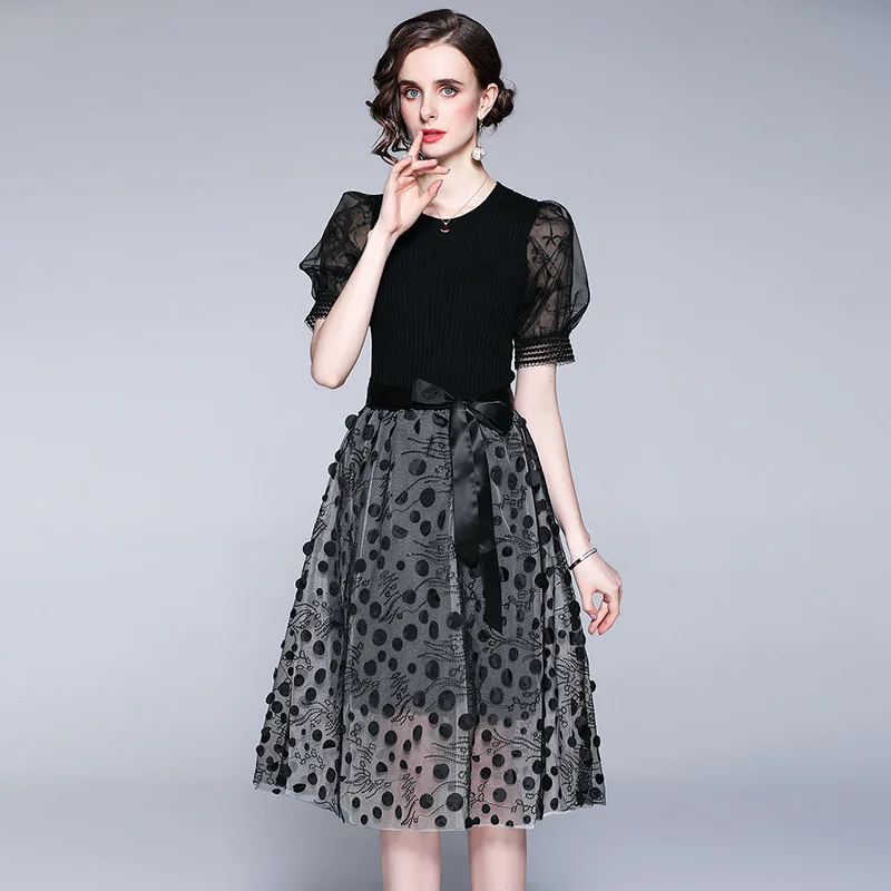 Summer Women Elegant Knitted Sweater Mesh Patchwork Party Dress Puff Sleeve Polk Dot Tulle Dresses