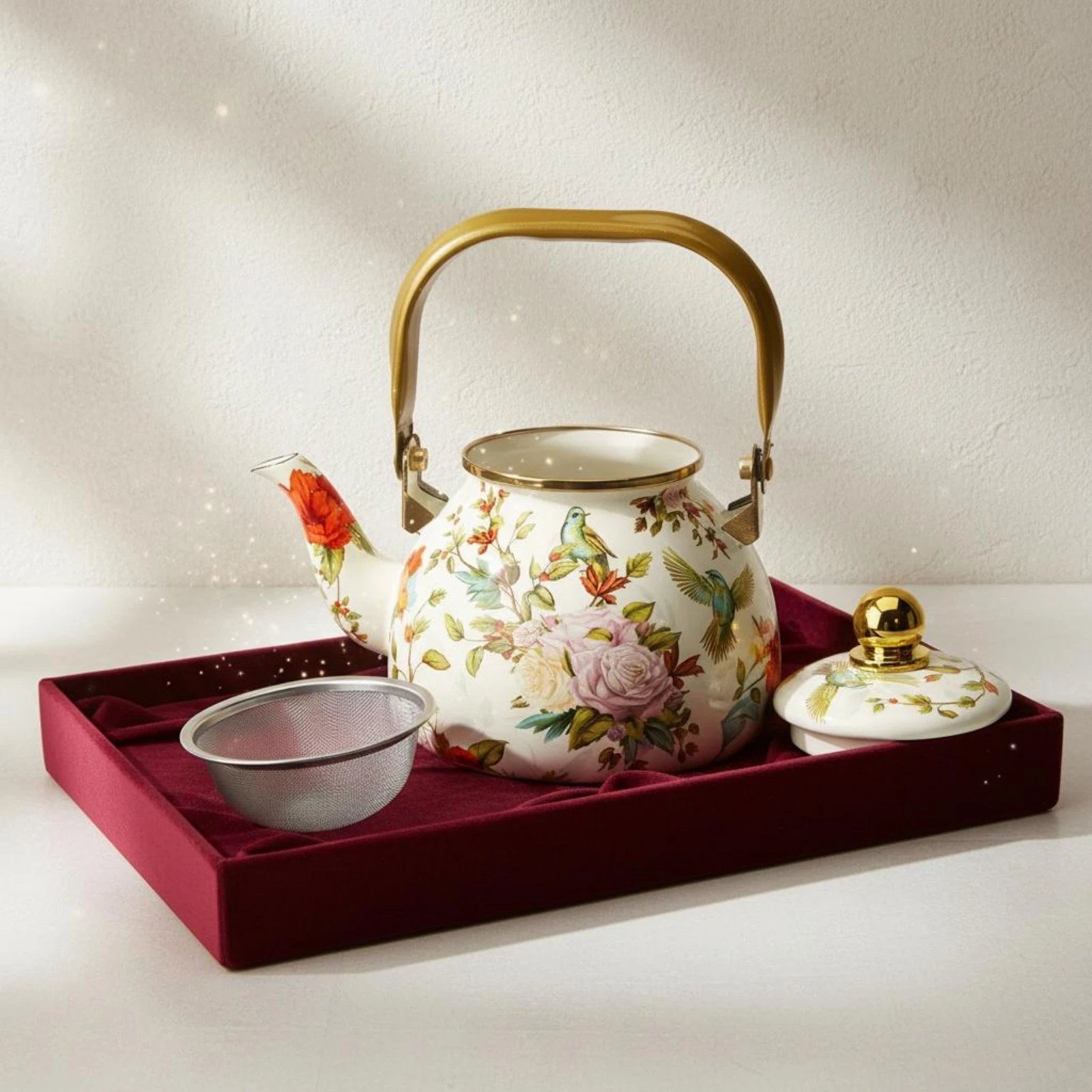 Lidded Enamel Teapot Gold-Tone Trim Mesh Strainer Teapot Tea Infuser Pot Glossy Tableware Enameled Interior view 2