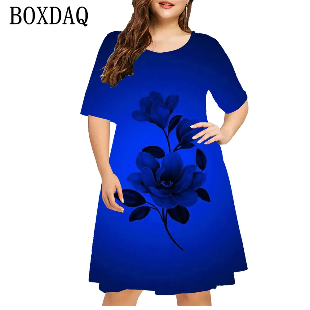 Women\'s Summer Dresses Large Size Flower 3D Printed Short Sleeve Dress Casual Gradient Pullover Ladies Plus Size Clothes 5XL 6XL