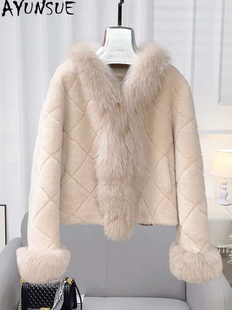 AYUNSUE 여우 모피 칼라 천연 양모 여성 자켓 패션 양고기 모피 자켓 여성 의류 고품질 겉옷 Ropa Para Mujer