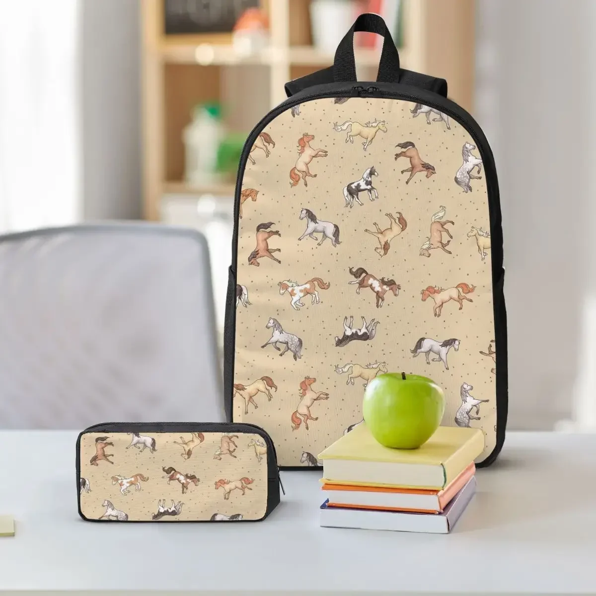 الخيول المتناثرة متقطع على ظهره رمادي داكن بنين بنات BookBag حقيبة مدرسية كمبيوتر محمول حقائب كتف 3ps معزول حقيبة الغداء مقلمة