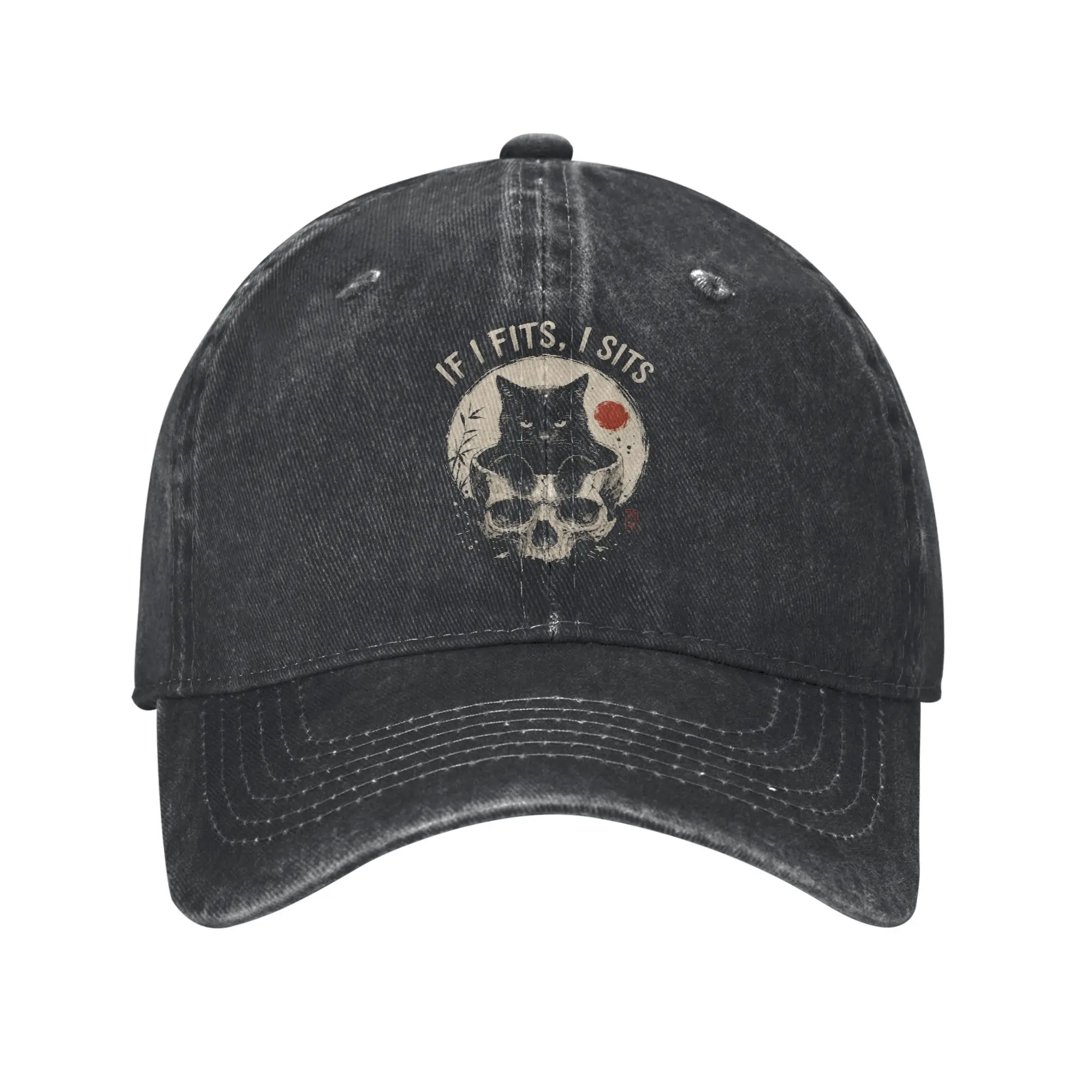 If I Fits I Sits Cat Skull Funny Gothic Japanese Style Sun Baseball Cap  y2k Cool Men Women Washed Trucker Hat Snapback Cap