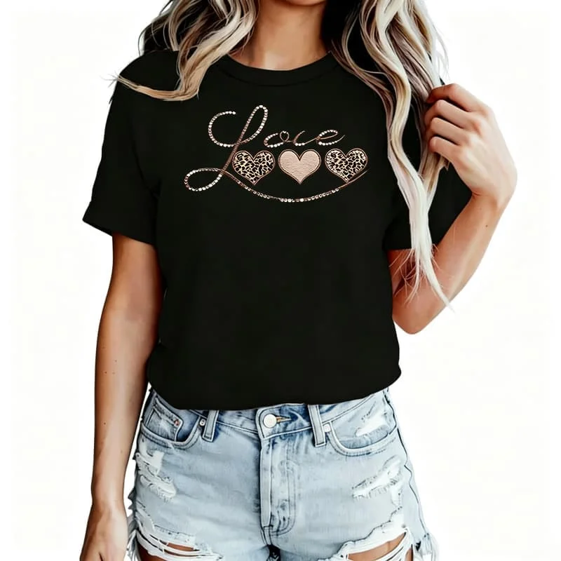 Leopard Print Heart Love Circle Women's T-Shirt 100% Cotton Funny Graphic Short Sleeve Tee Novelty Shirt Casual Crew Neck Top S-5Xl