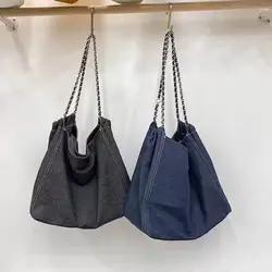 Women Denim Bag High-Capacity Casual Tote Bag Cotton Zipper SOFT Simple Solid Shoulder Bags Handbags Shopping Bag