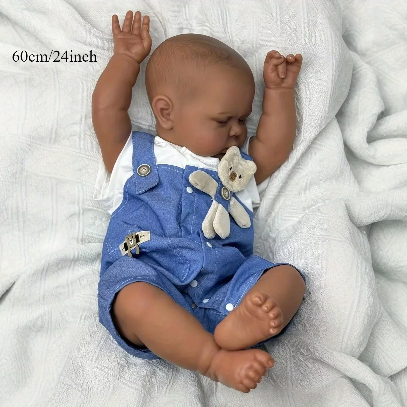 BZDOLL 60cm Asleep Reborn Doll, Brown & Black Skin, Vinyl Limbs Cloth Body, Play House Toy, Girls Birthday Gift