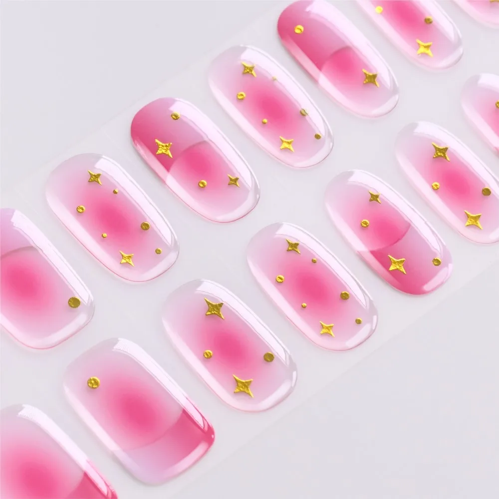 16tips Gold Star Pink Blush UV Polish Nail Strips Baking-Free Full Cover French Nail Wrips Decals Self-Adhesive Manicure Sticker