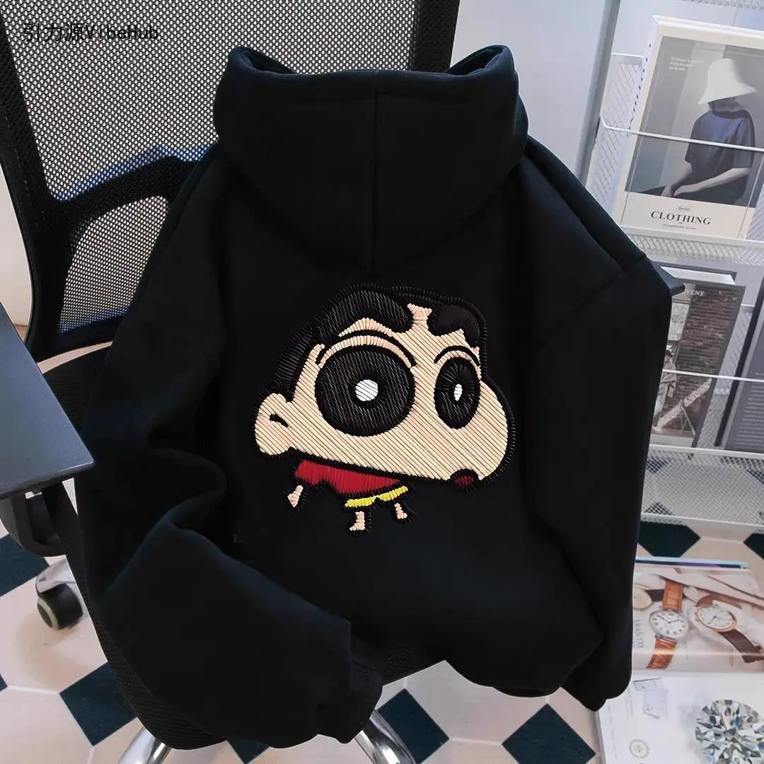 Cute Anime Crayon Shin-Chan Back Embroidery Hoodie Winter Warm Fleece Lined Oversized Hooded Pullover Couple Matching Sweatshirt view 4