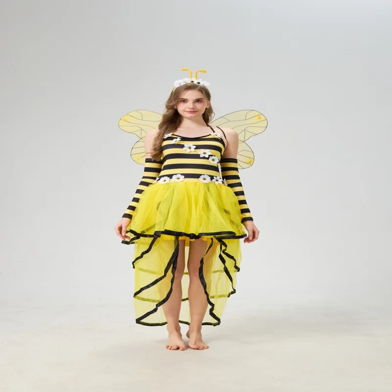 Four-piece  of adult Halloween carnival bee queen insect cosplay costumes for festival parties, including headband, wings, sleev
