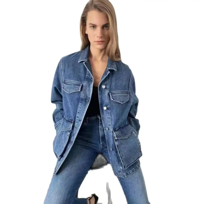 LUXURY-Women's Blue Denim Jacket, Loose Long-sleeved Coat, Silhouette Washed, Large Pocket, Nordic Minority, Spring, 2024