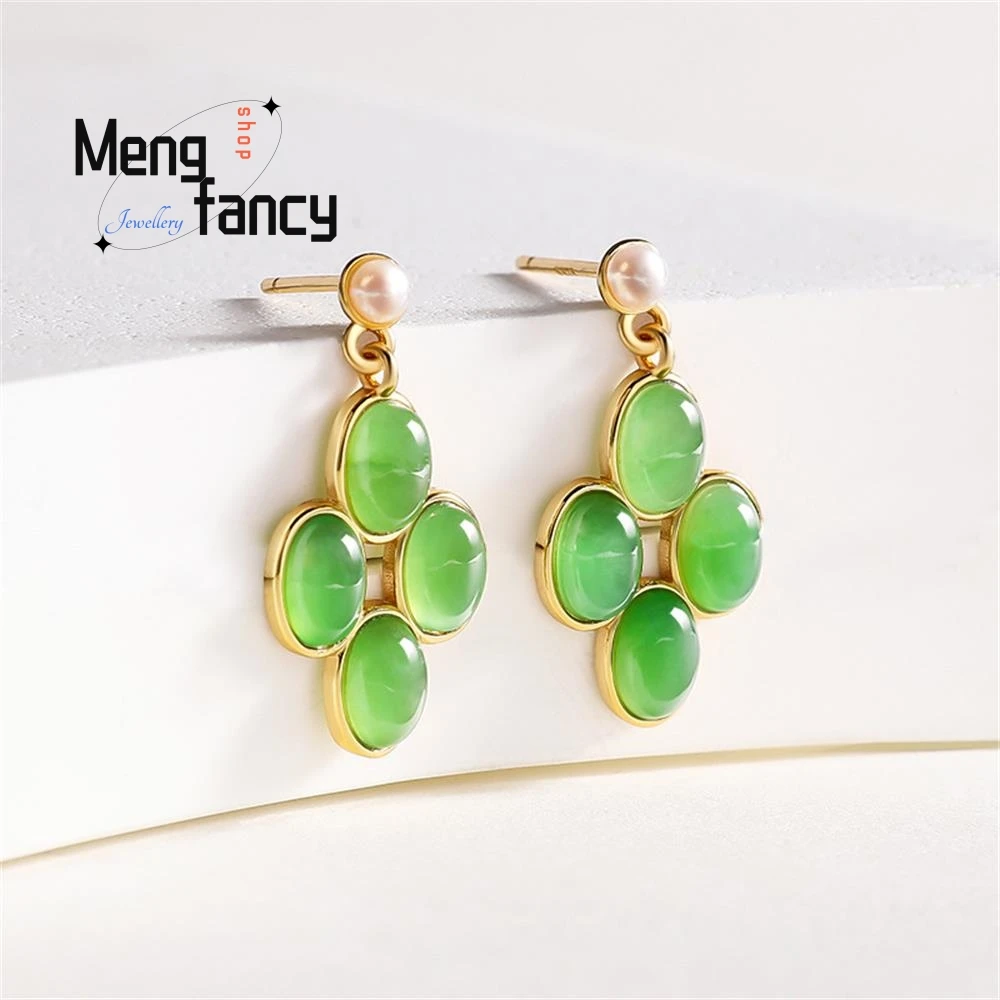 

Genuine Spinach Green Natural Old Material Hetian Jade Jasper Earrings Female Models S925 Silver Inlaid Luxury Fashion Jewelry