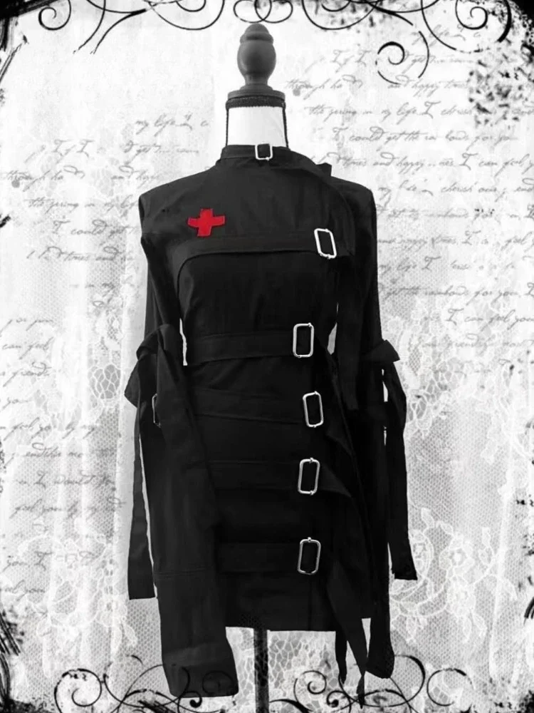 Y2K Retro Streetwear Solid Color Stand Collar Buckle Strap Jacket High Street Slim Fit Long Sleeve Outerwear Punk Bandage Coat
