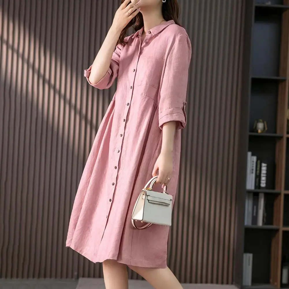 Women Dress Women Solid Color Dress Elegant Lapel Shirt Dress for Women 3/4 Sleeve Midi with High Waist Solid Color Loose Fit