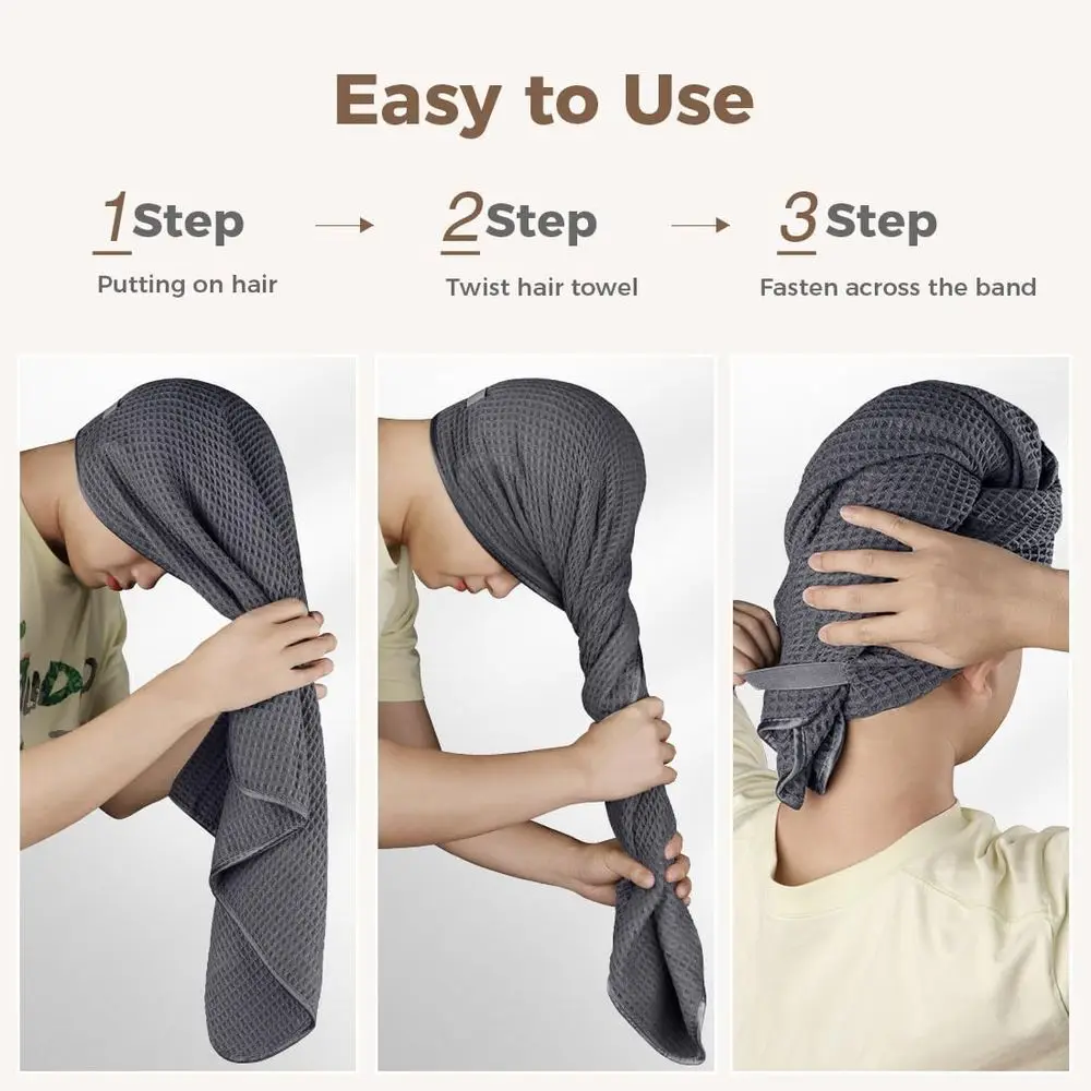 2 Pack Large Microfiber Hair Towels - 40 x 26.5 for Long, Thick, Curly Hair - Anti-Frizz Wrap with Elastic Strap, Black/Grey view 6