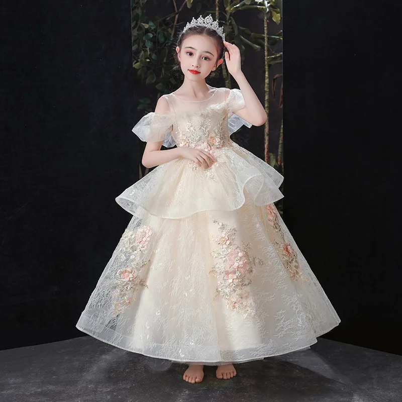 Girls Flower Lace Embroidery Gown Wedding Dress for Children Fluffy Fashion Princess Tulle Dresses 3 To 14 Years Kids Clothes