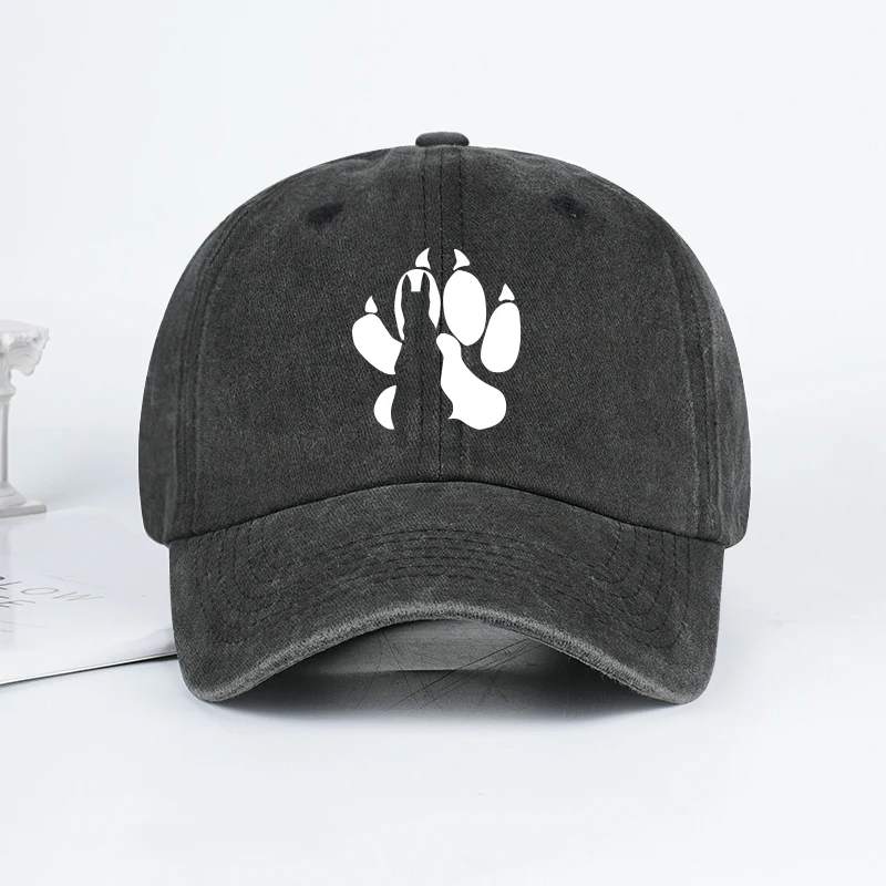 Wolf Paw Print Washed Baseball Cap Adjustable Unisex Vintage Cotton Outdoor Sun Hat