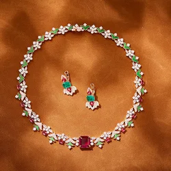Designer Collection Style Earrings Necklace Women Lady Inlay Red Cubic Zircon Synthetic Paraiba Pendant Party Jewelry Sets