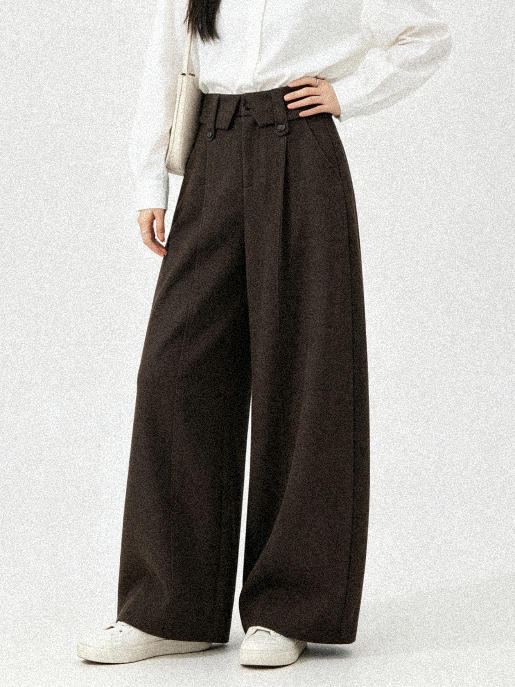 Elegant Casual Wide Leg Pants Woolen Loose Fitting Lazy Style Autumn New Arrival Slimming Effect Low Waist Button Closure