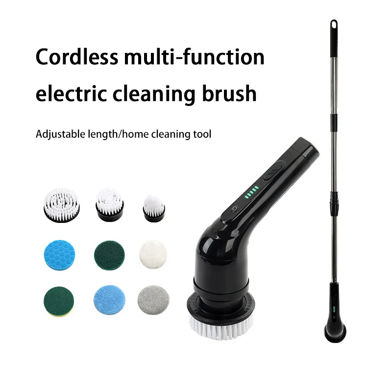 แปรงทำความสะอาดไฟฟ้าไร้สายมัลติฟังก์ชั่น 9 หัวเปลี่ยนด้ามยาวสำหรับห้องน้ำห้องครัวทำความสะอาดบ้านแบบชาร์จไฟได้