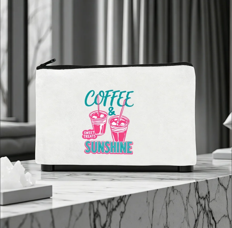1PC Retro Pink Green Iced Coffee Graphic Cosmetic Bag Portable Coffee Lover Toiletry Zipper Makeup Organizer Canvas Bag