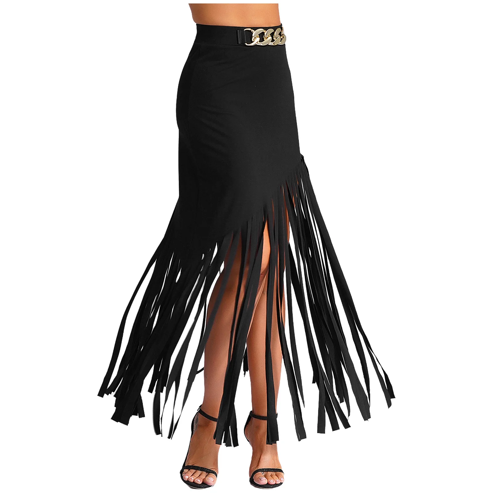 Womens High Waist Fringe Tassels Maxi Skirt with Buttons Halloween Party Punk Rock Clubwear Jazz Dance Stylish Street Wear