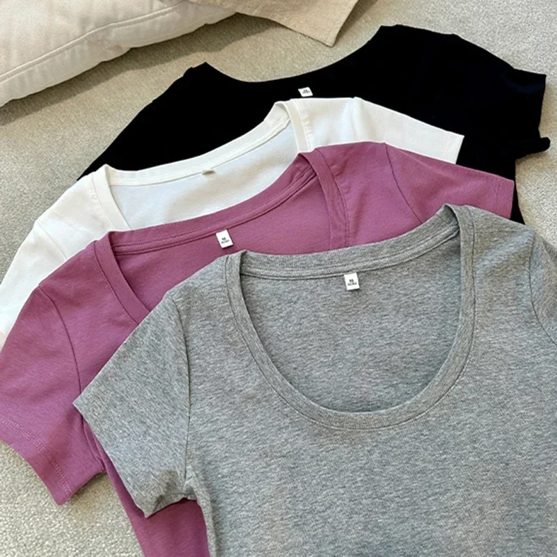 Femme 2025 verão casual algodão t camisa para mulheres manga curta camisetas moda feminina roupas finas básicas o pescoço y2k camiseta