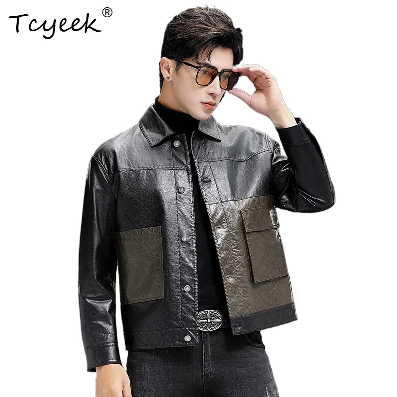 Tcyeek Top Layer Cowhide Jackets Genuine Leather Jackets for Man Color Block Short Coats Mens Leather Jacket 2026 Jaqueta Couro