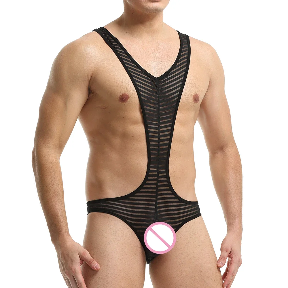 Sexy Men Undershirts Lingerie Ultra-thin Transparent Striped Bodysuit Leotard Wrestling Singlet Jumpsuits Sheer Gay Underwear