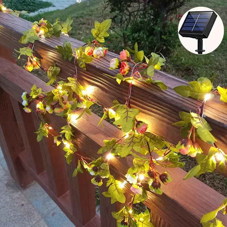Solar Wisteria Artificial Flower Silk Vine with Led Light Rose Fower Garland Lamp for Wedding Party Garden Home Wall Decoration