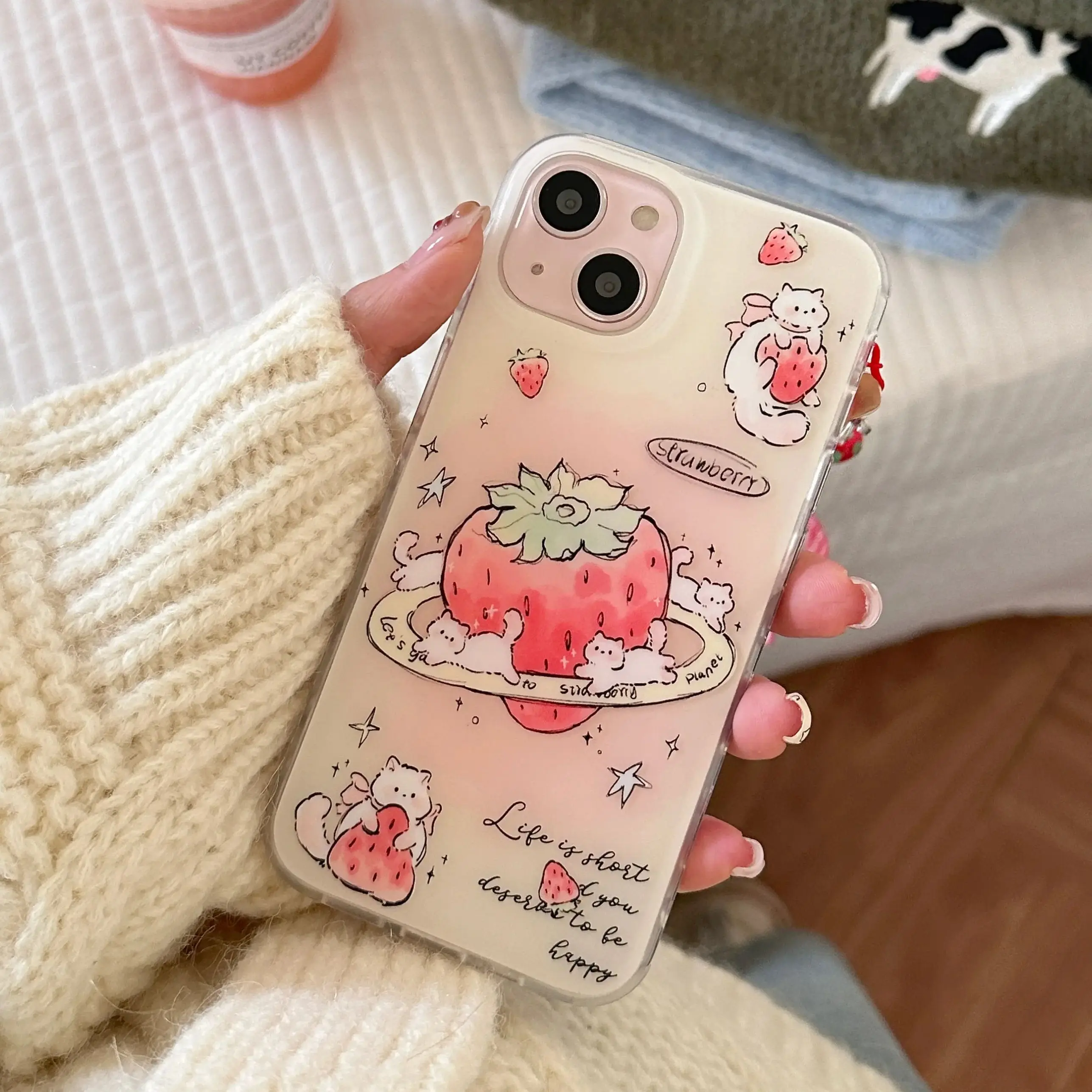 Super Cute Cartoon Cat Strawberry Star Phone Case For iPhone 16 15 14 13 12 11 Pro Max XR XS Max 7 8 Plus MINI Y2K Sweet Cover