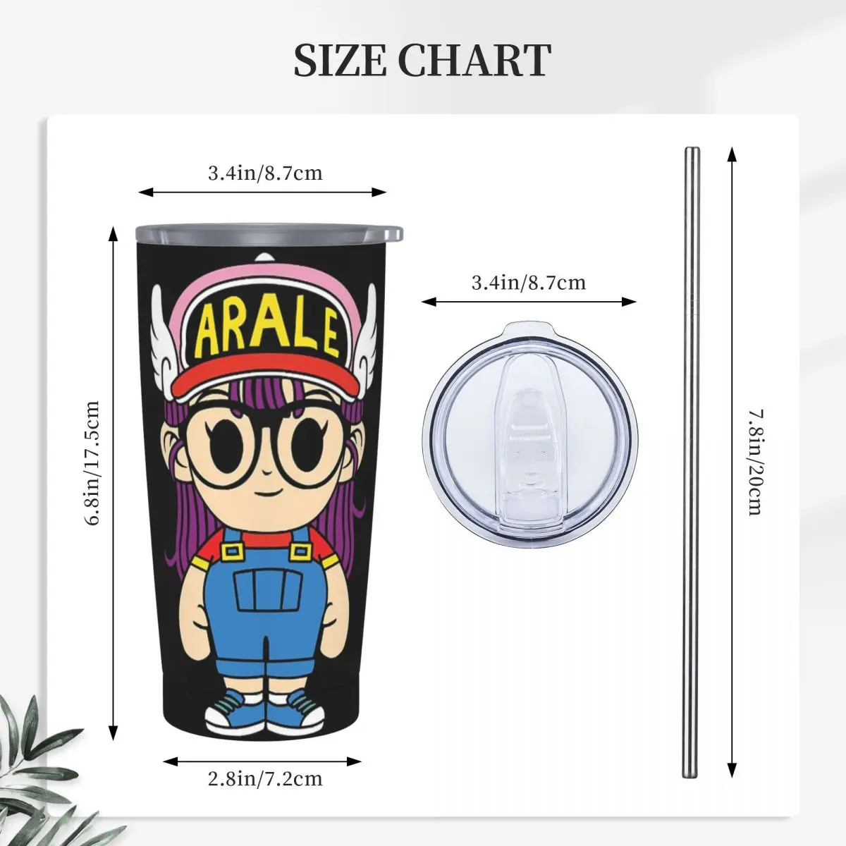 Arale Dr.Slump Stainless Steel Tumbler Vacuum Insulated Mug Thermal Cold Cups Straw With Lid 20oz