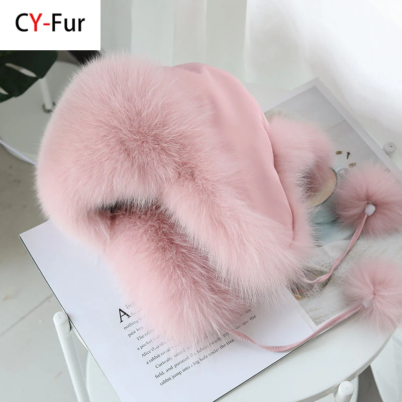 Women Natural Raccoon Fur Caps Lady Real Fox Fur Cap Pompon Ushanka Hats for Winter Thick Warm Ears Fashion Bomber Pom Pom Hat