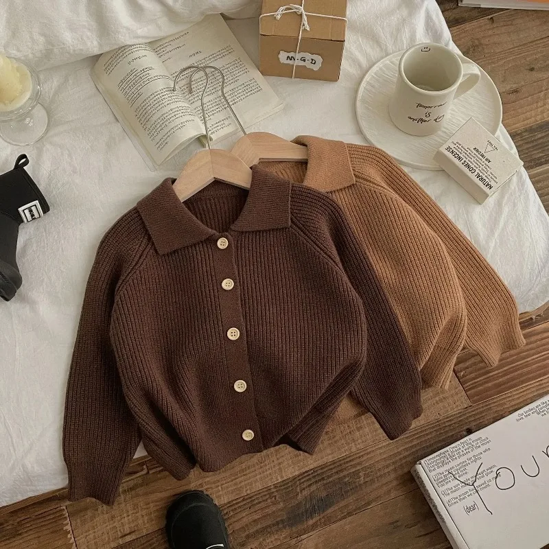 

Autumn Children Boys Knitwer Cardigan Turn Down Collar Simple Infant Babys Boys Sweater Solid Ribbed Toddler Little Boys Coats