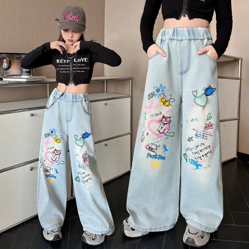 Kids Jeans for Girls Fashion Graffiti Dyeing 2025 Spring Autumn Hot Sales Teenager Unique Wide Leg Pants Korean Style Trousers