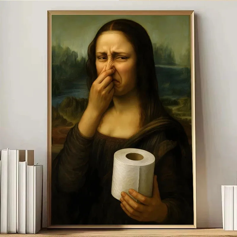 1 Stück Rahmenloses Mona Lisa Lustiges Toiletten-Leinwandbild Poster Vintage Abstrakte Kunst Figurenmalerei Waschraum Toilette Flur Wandkunst