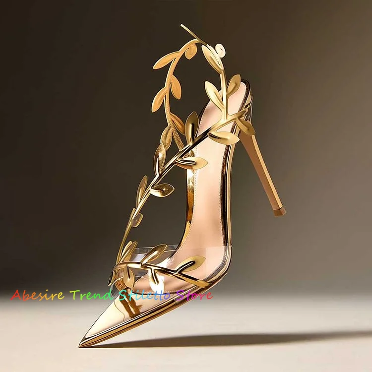 

Gold Pointed Toe Metallic Branch Stiletto Heels Sandals For Women Summer Peep Toe High Heel Pumps Ladies Banquet Dress Shoes