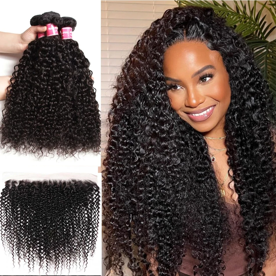 12A Kinky Curly Virgin Human Hair Bundles With Frontal 13x4 Brazilian Wet and Wavy Deep Wave Bundles With Closure Hair Extension