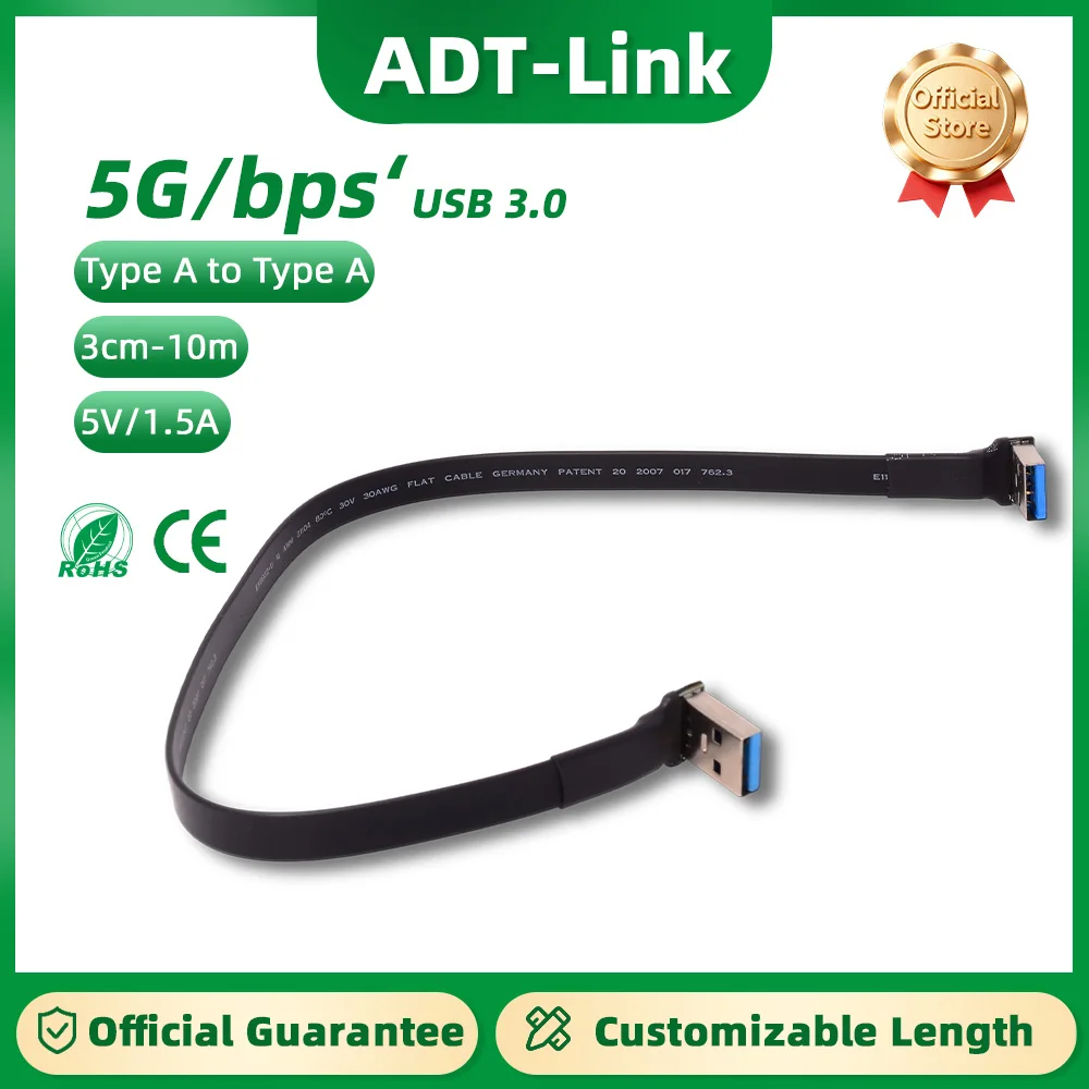 ADT-Link USB 3.1 Flat Extension Cable Type-A Male to Type-C Male with Angle Built-in Case 5Gbps 5V/1.5A 90 Degree Adapter Cable