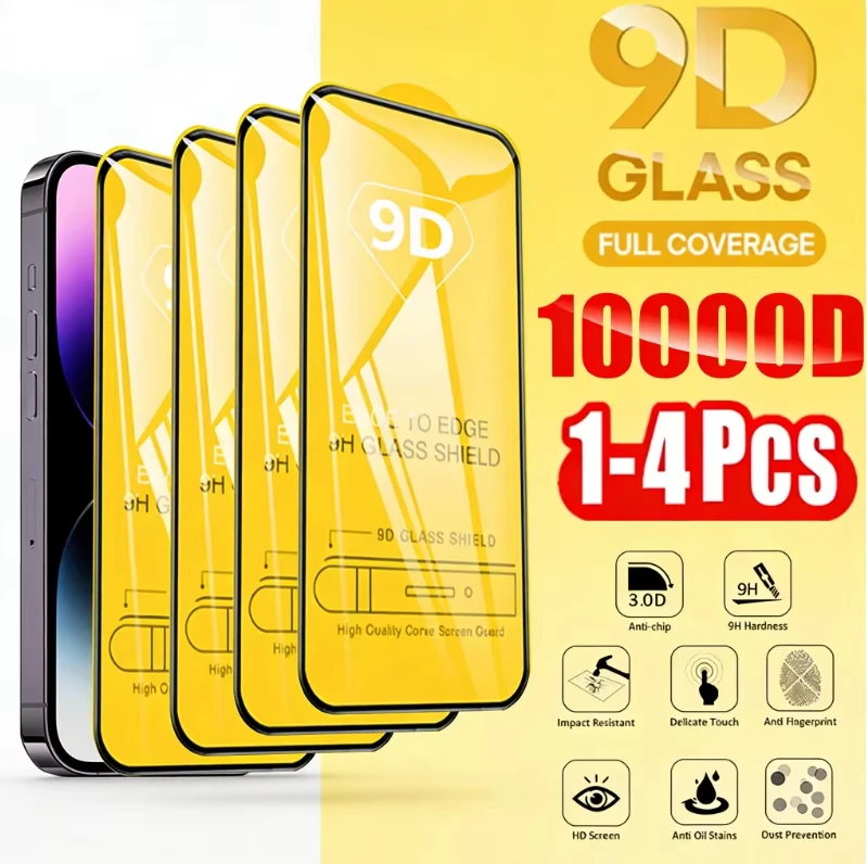 1-4PCS 9D Protective Glass Screen Protector For iPhone 16 17 11 13 15 14 12 Pro Max Air 8 7 6 Plus X XR XS Max SE Tempered Glass