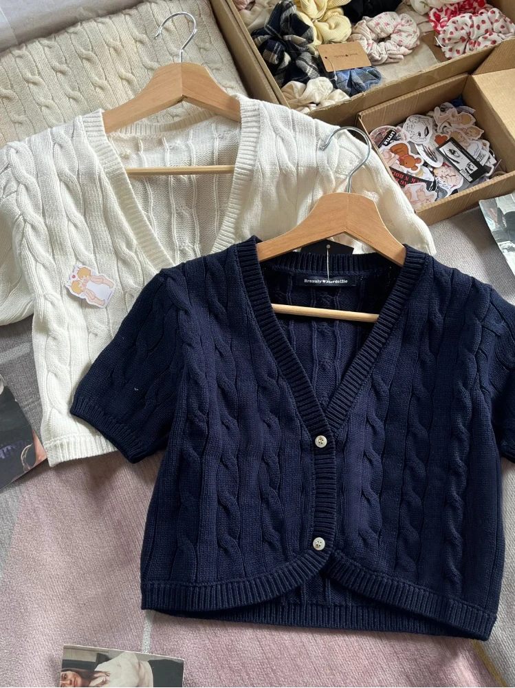 تويست زهرة محبوك اقتصاص سترة امرأة الخريف الخامس الرقبة واحدة الصدر قصيرة الأكمام المحاصيل القمم الصلبة بسيطة القطن تريكو