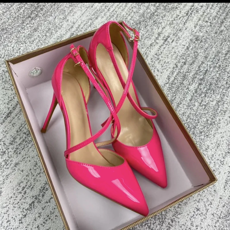 Tikicup Glossy Rose Pink Women Instep Cross Strap Pointy Toe High Heels Elegant Ladies Wedding Party Shoes Chic Stiletto Pumps