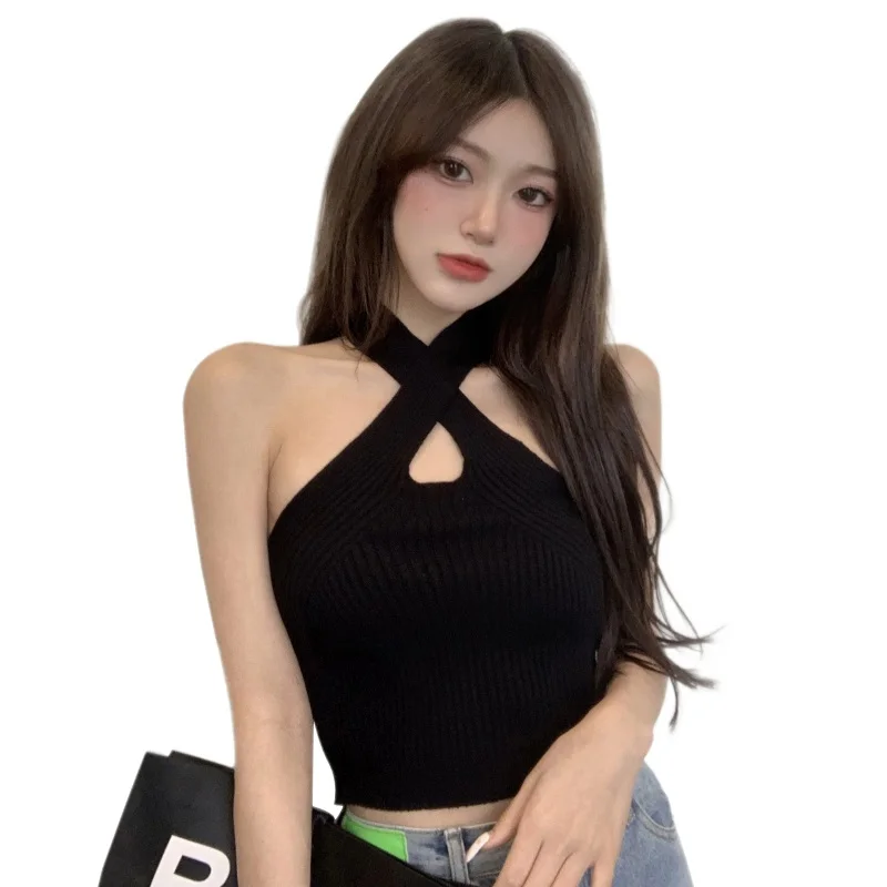 Women's Korean Version Vest With Cross Hanging Neck And Hollow Out Sexy Slim Fitting Exposed Navel Knitted Vest