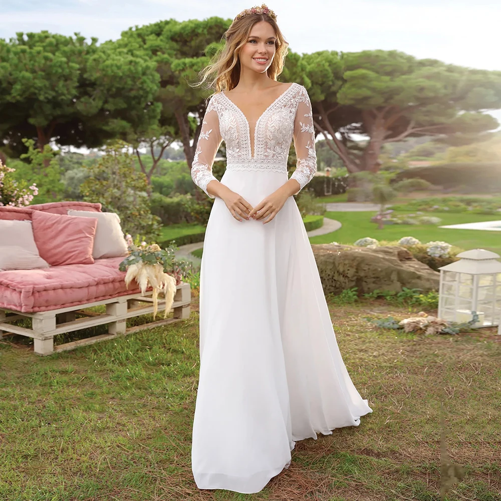 

Chiffon Wedding Dress for Brides 2024 Romantic V-neck Appliques 3/4 Sleeves Bridal Gowns with Open Back and Sweep Train