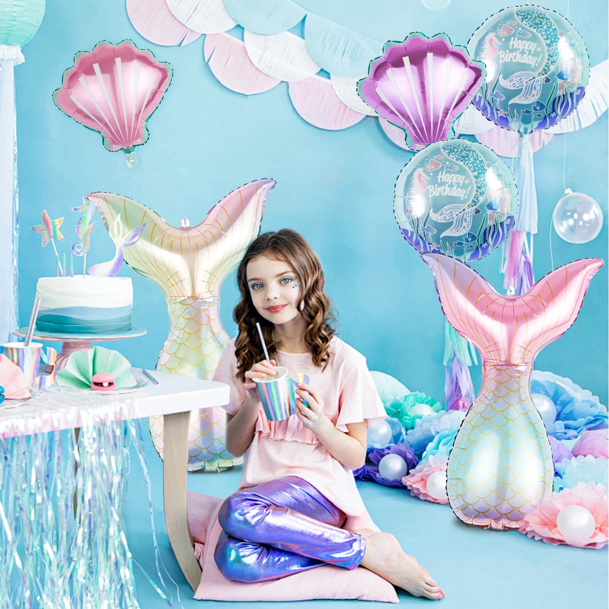 6pcs mermaid tail birthday balloon set, perfect for birthday party decorations, mermaid-themed party view 4