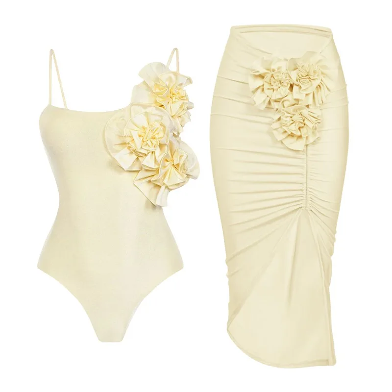 

2024 New Flower Decoration One-Piece Swimsuit Women's Skirt Set Women's Cross-Border Best-Selling Surfing Swimsuit Polyester ...