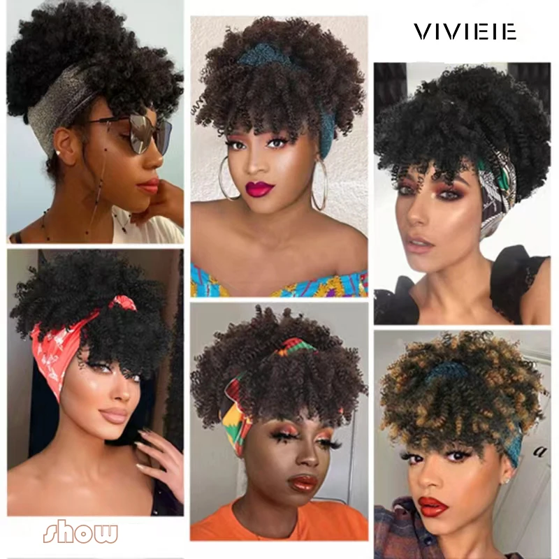 Short Kinky Curly Headband Wigs For black women Afro Bouncy Curly Wigs with Scarf Synthetic Black Cosplay Wig Heat Resistant