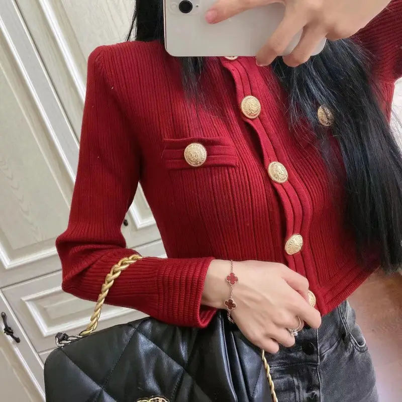 Korean Button Knitting Short Cardigan Spring Autumn Solid Long Sleeve Slim Elegant Sweaters Top Fashion Vintage Women Clothing