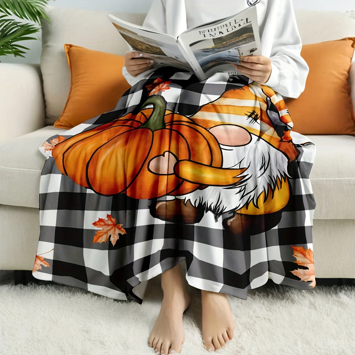 Autumn Gnome Themed Flannel Blanket, Featuring Gnomes Holding Pumpkins and Maple Leaf Elements, in a Vintage Rustic Style. Unise