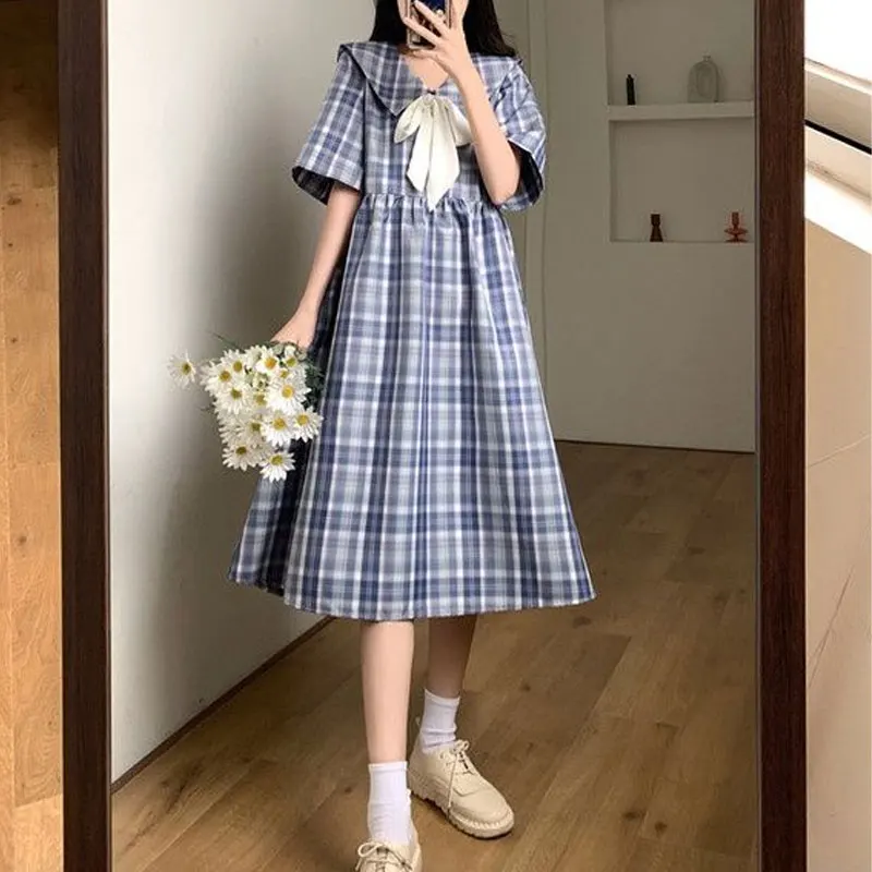 

Vintage Plaid Sailor Collar Dresses Women's Clothing Japan Style Summer Fashionable Drawstring Bow Preppy Style Basic Midi Dress